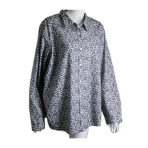LL Bean Womens Sz 3X Fun Joyous Floral Black White Wrinkle Free Blouse Shirt Top